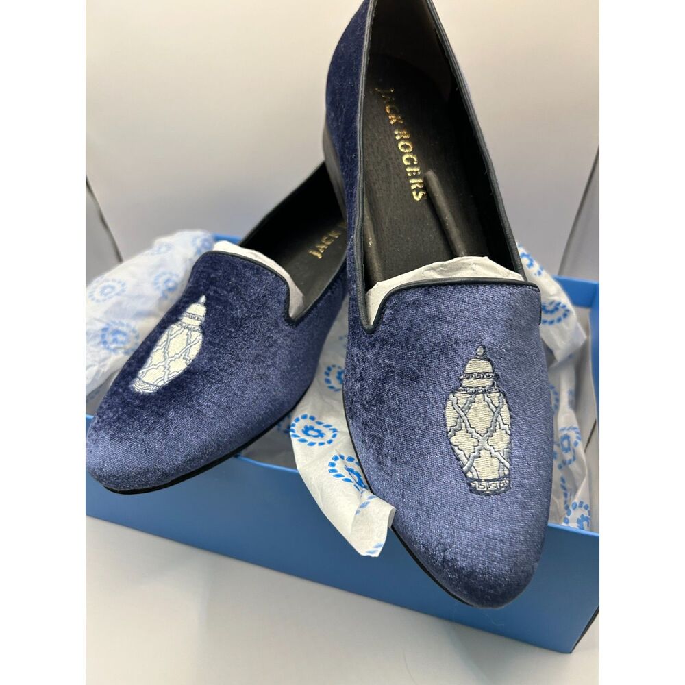 Jack Rogers Sz 9.5 Blue Velvet Ginger Jar Embroidered Shoe Slipper New in Box